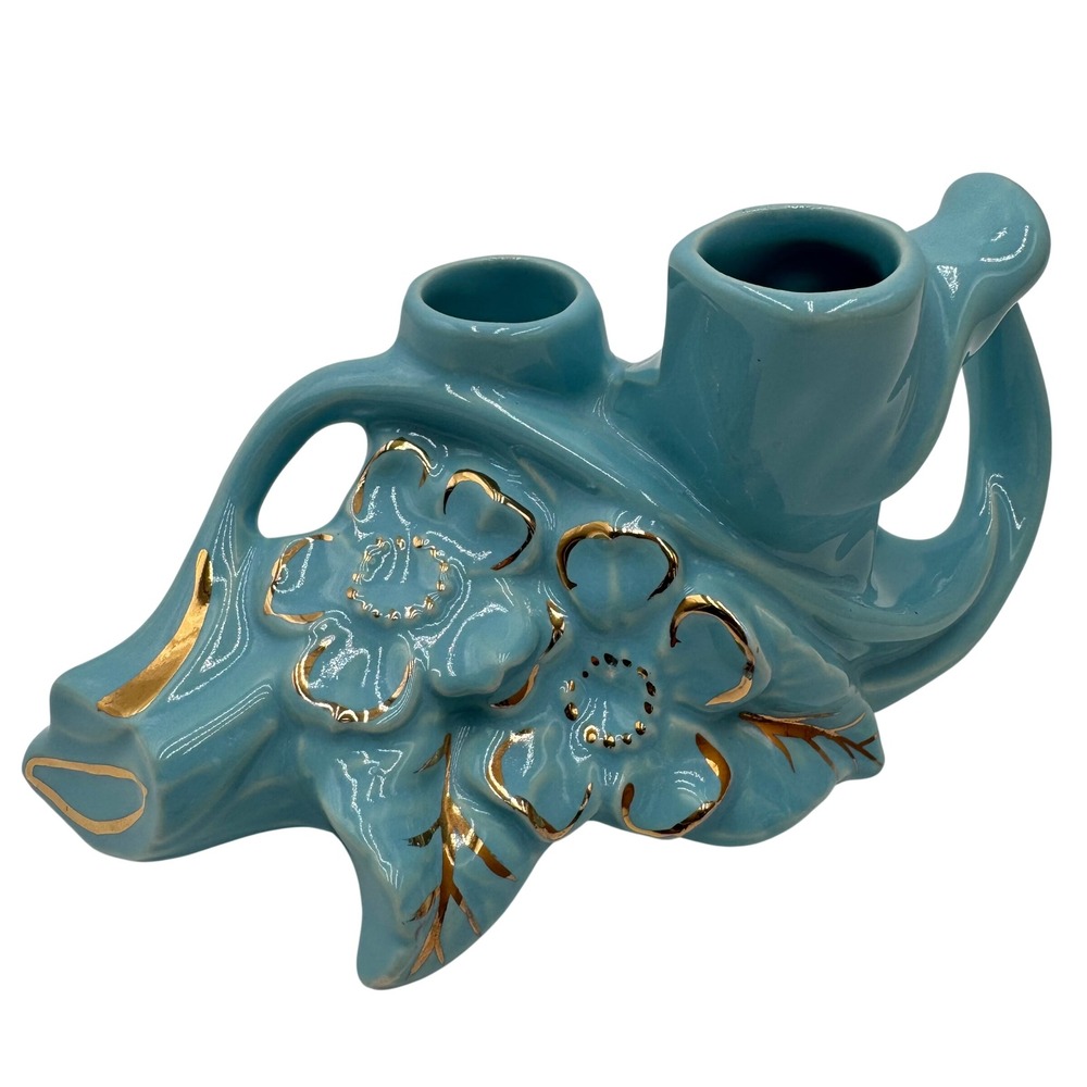 Vintage Pearl China Co Candle Holder / Vase Blue 22kt Gold Hand Decorated Floral